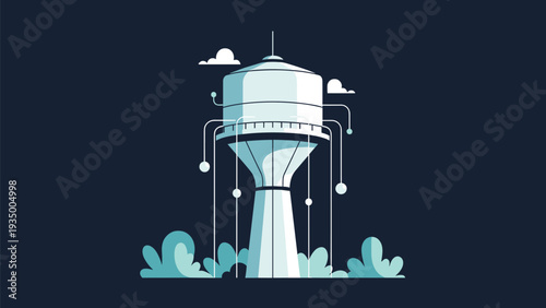 Futuristic water tower at night is connected with digital lines and glowing nodes against a dark blue sky with clouds and bushes.