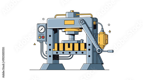 Large industrial hydraulic press machine with gauges and levers is displayed in a detailed technical illustration with yellow accents.