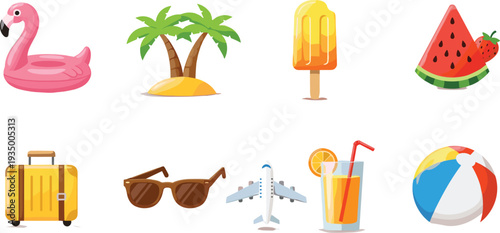 Set of colorful summer beach vacation icons and tropical elements