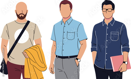 Set of three faceless men in casual and smart casual summer outfits