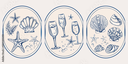 Sketch of seashells starfish champagne and seaweed in oval frames