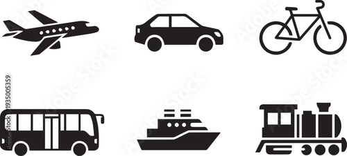 Black Silhouette Vector Icon Set for Public Transportation, Travel Logistics, Global Shipping, Commuter Vehicles, and Urban Infrastructure Navigation Symbols