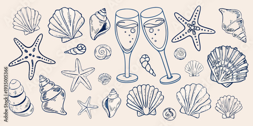 A whimsical sketch of seashells starfish and celebratory champagne flutes