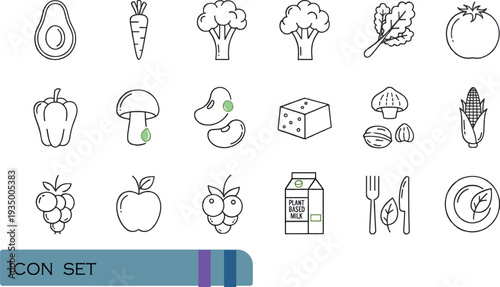 Print Minimalist Plant-Based Diet and Vegan Nutrition Icon Set Featuring Avocado Healthy Greens Legumes and Alternative Milk Products