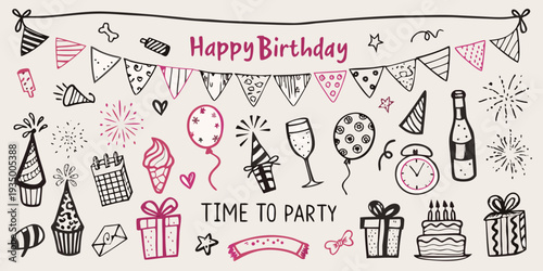 Festive birthday doodles including cake balloons and party decorations