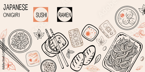 Japanese cuisine illustrations featuring sushi ramen and onigiri dishes