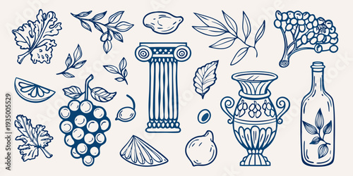 Hand drawn botanical and classical elements in a blue line art style