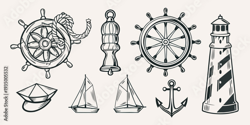 Nautical themed illustration featuring ship wheels a lighthouse and sailing vessels
