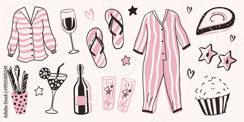 Collection of summer and party themed illustrations in pink and black