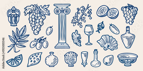 Vintage illustration of greek motifs fruit and classic wine vessels