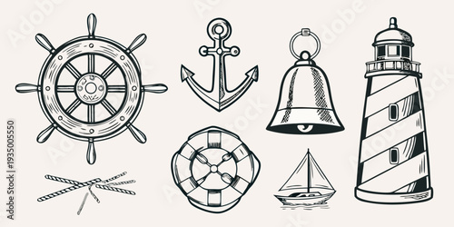 Nautical elements including a ship s wheel anchor bell and lighthouse