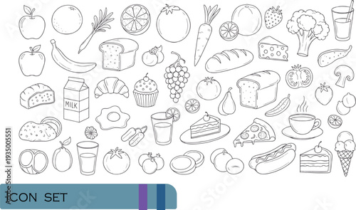 Print Hand-Drawn Culinary Essentials Icon Set Featuring Fresh Produce Bakery Items Dairy Products and Popular Fast Food Snacks