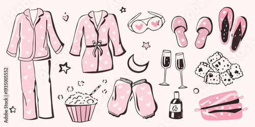 Cozy night in pajamas snacks and relaxation items illustrated in pink