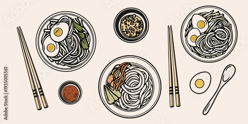 Stylized illustration of various noodle dishes with chopsticks and condiments