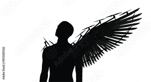Mysterious dark silhouette of a person with mechanical wings against a bright background.