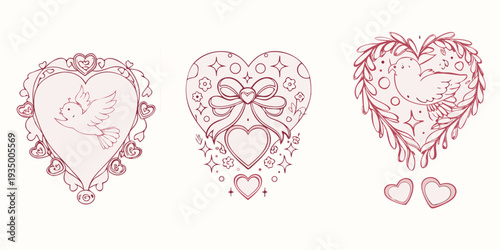 Three hand drawn heart illustrations with doves bows and floral details