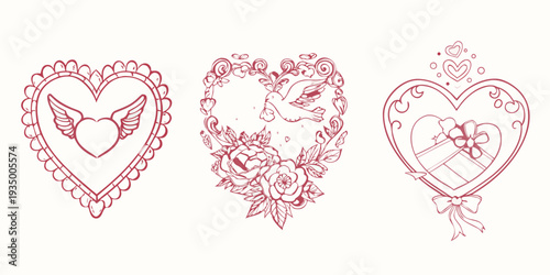 Three delicate hand drawn heart illustrations in a reddish brown color