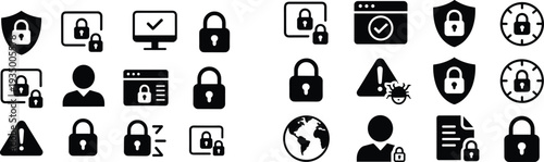 Black security icons set padlock shield privacy protection cybersecurity lock warning alert privacy breach hacker user data safety internet secure vector illustration