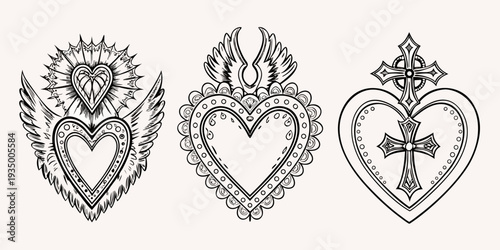Three ornate black and white illustrations of sacred hearts and crosses