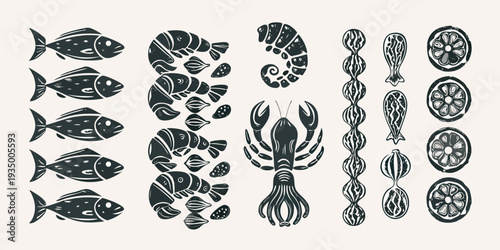Stylized illustration of various seafood and citrus fruit slices