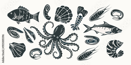 Vintage style illustration of various seafood and marine life elements