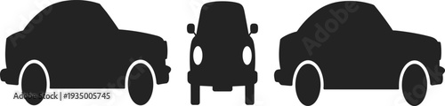 Black car silhouette set side front rear views classic sedan vehicle outline automotive design transport icon simple flat vector illustration for logos graphics branding