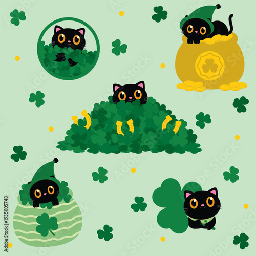 Cute Black Cats St. Patrick's Day Elements with Shamrocks and Gold