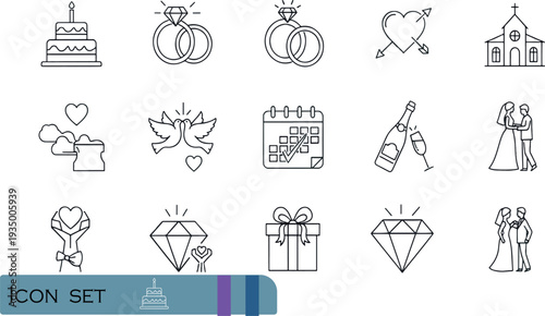 Print Elegant Wedding Ceremony and Romantic Celebration Icon Set Featuring Bridal Cakes Engagement Rings Doves and Champagne Toast Symbols