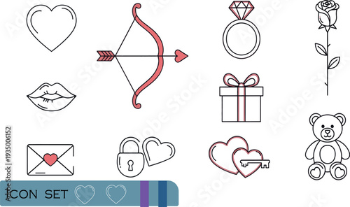 Print Romantic Valentine's Day and Love Icon Set Featuring Cupid's Bow Heart Symbols Engagement Rings Roses and Sweet Gift Illustrations