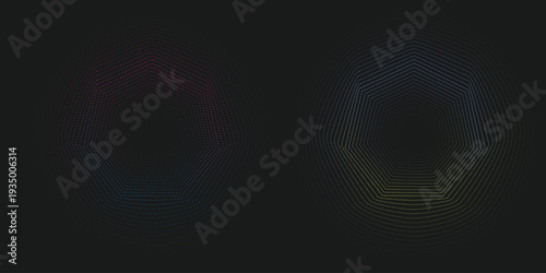 Minimalist Geometric Dotted Circle Pattern, Abstract Stipple Art Illustration on Black Background Vector