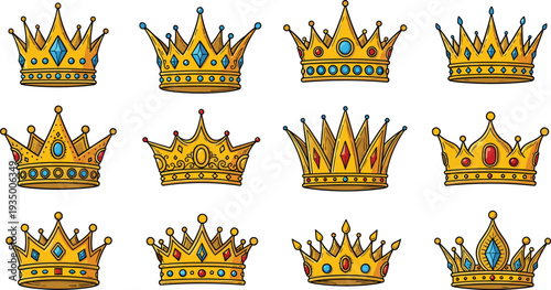Golden royal crowns collection with jewels king and queen crowns luxury monarchy symbols vector illustration set