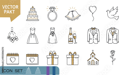 Print Elegant Wedding and Bridal Celebration Icon Set Featuring Wedding Cakes Engagement Rings Bridal Gowns and Ceremonial Symbols in a Gold and Grey Color Palette