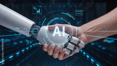 Robot hand and human hand shaking in agreement with digital AI interface overlay