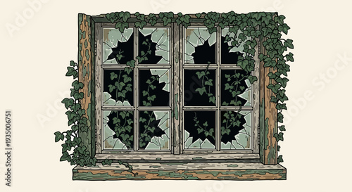 Abandoned building window with broken glass and ivy growth