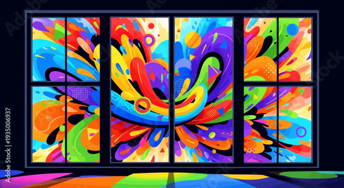 Vibrant abstract art installation in modern gallery space with colorful display