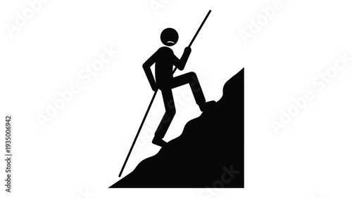 A person climbing a mountain with a walking stick isolated on white background, Vector