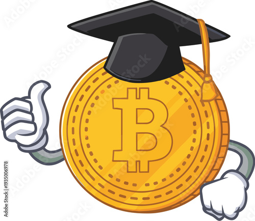 Bitcoin mascot character wearing graduation cap cryptocurrency education concept digital finance cartoon vector illustration