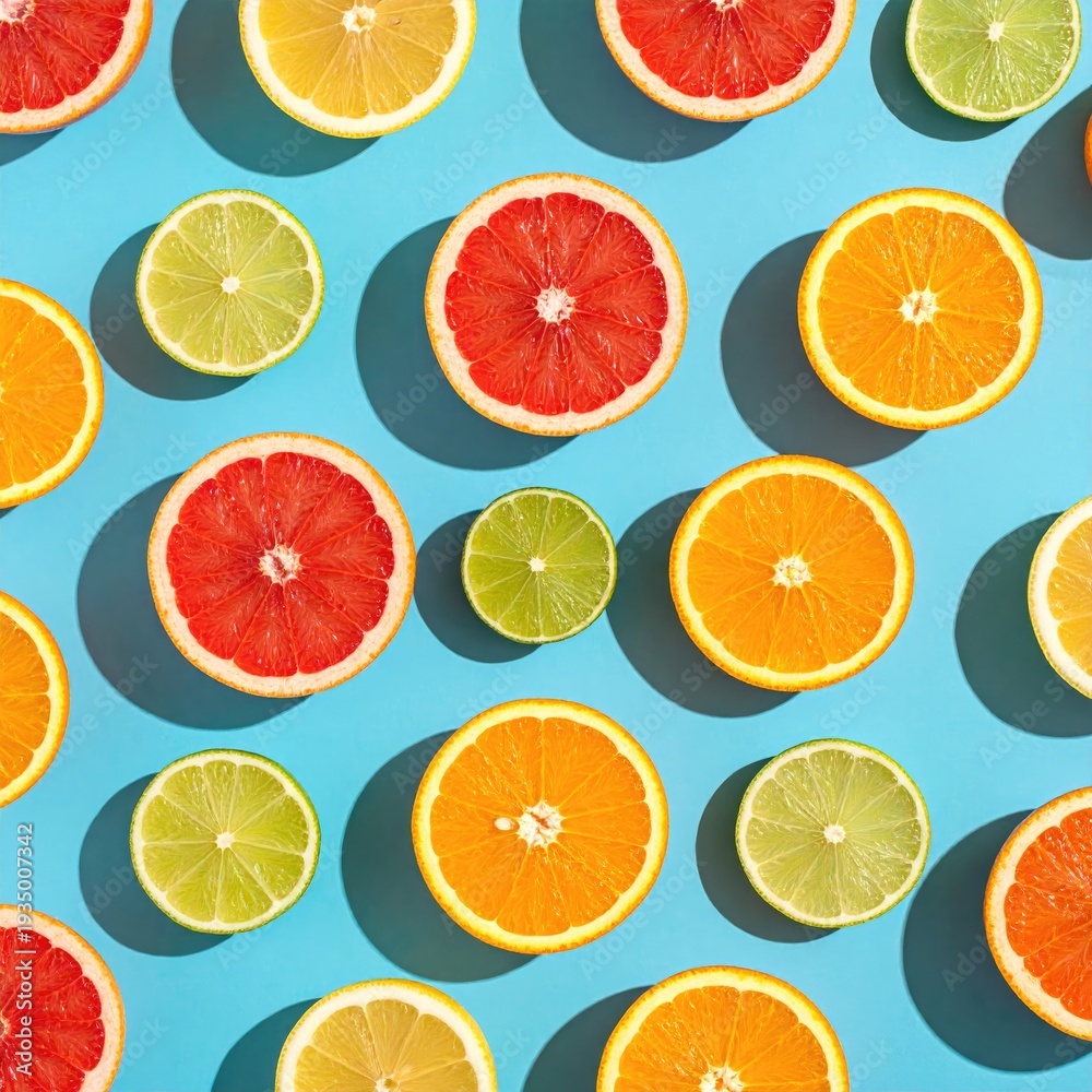 Obraz premium Overhead view of sliced citrus fruit against a bright blue background