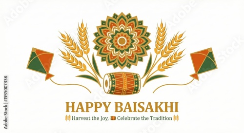 Happy Baisakhi Festival Celebration Design with Golden Wheat Ears and Traditional Motifs for Social Media Poster Banner