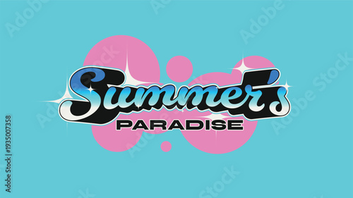 Summer Paradise Typography Retro Modern Style with Blue Metallic Gradient Color and Pink Circle Bubbling Decoration, Cyan Blue Background