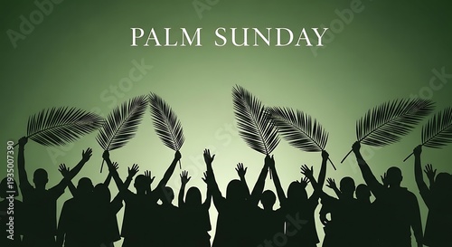 Palm sunday celebration with crowd holding palm branches in the air.