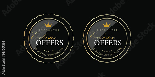 Golden medal and black luxury labels, gold premium vector badges. Luxury VIP and premium quality sticker tags. Black Friday Super Sale. Vector. EPS. 