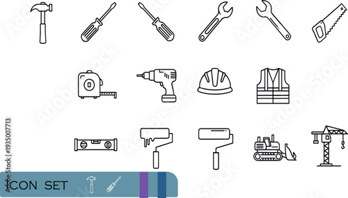 Print Essential Home Improvement and Construction Tool Icon Set Featuring Manual Hand Tools Power Drills Safety Gear and Heavy Machinery