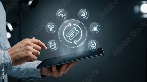 Digital ticket, online booking, mobile app, technology, event management, cloud computing, data security: a businessman uses a tablet to manage futuristic ticketing services.