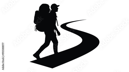 A hiker walks along a winding road with a backpack isolated on white background, Vector