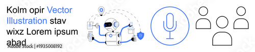 Artificial intelligence, voice technology, user interface design, automation, cybersecurity, digital interaction. Robot with icons, microphone and user icons. Artificial intelligence and voice