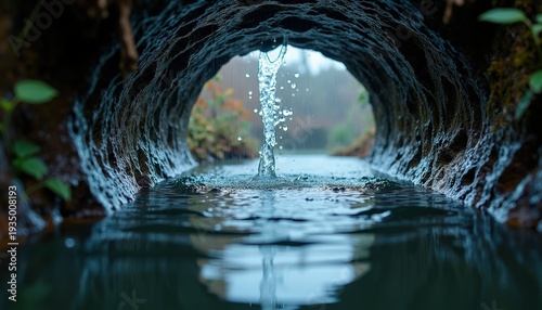 Water Flowing Through Concrete Pipe Out To Lush Green Forest Outdoors