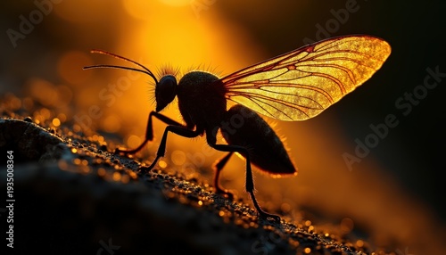 Close up silhouette of a winged insect with translucent wings illuminated by warm golden hour sunset light on a