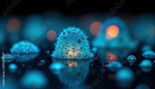 Microscopic View Of Luminous Blue Spheres With Orange Highlights And Water Droplets On Dark Surface Macro Photography
