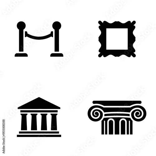 Museum and Art Gallery Icon Set: Stanchion Rope, Picture Frame, Temple Building, and Ionic Column Capital